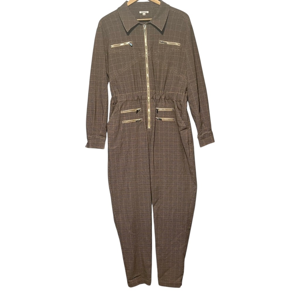 WEWOREWHAT Houndstooth Jumpsuit Women's M/M Long Sleeve Zip Front Pockets